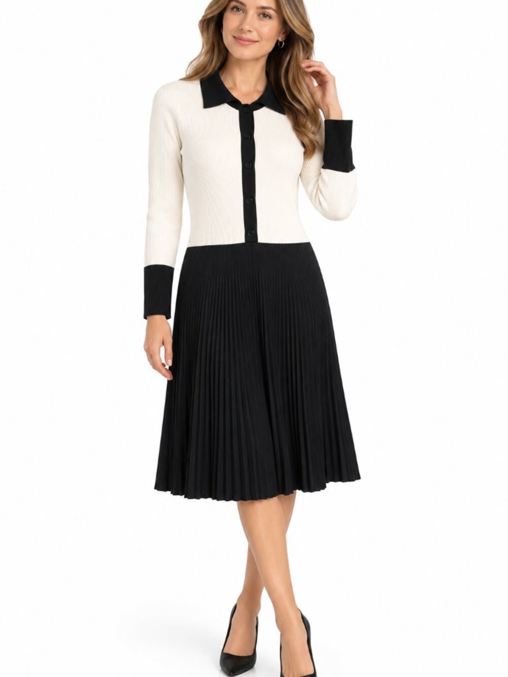 TRISTAN Off-White Black Pleated Knit Midi Dress Large